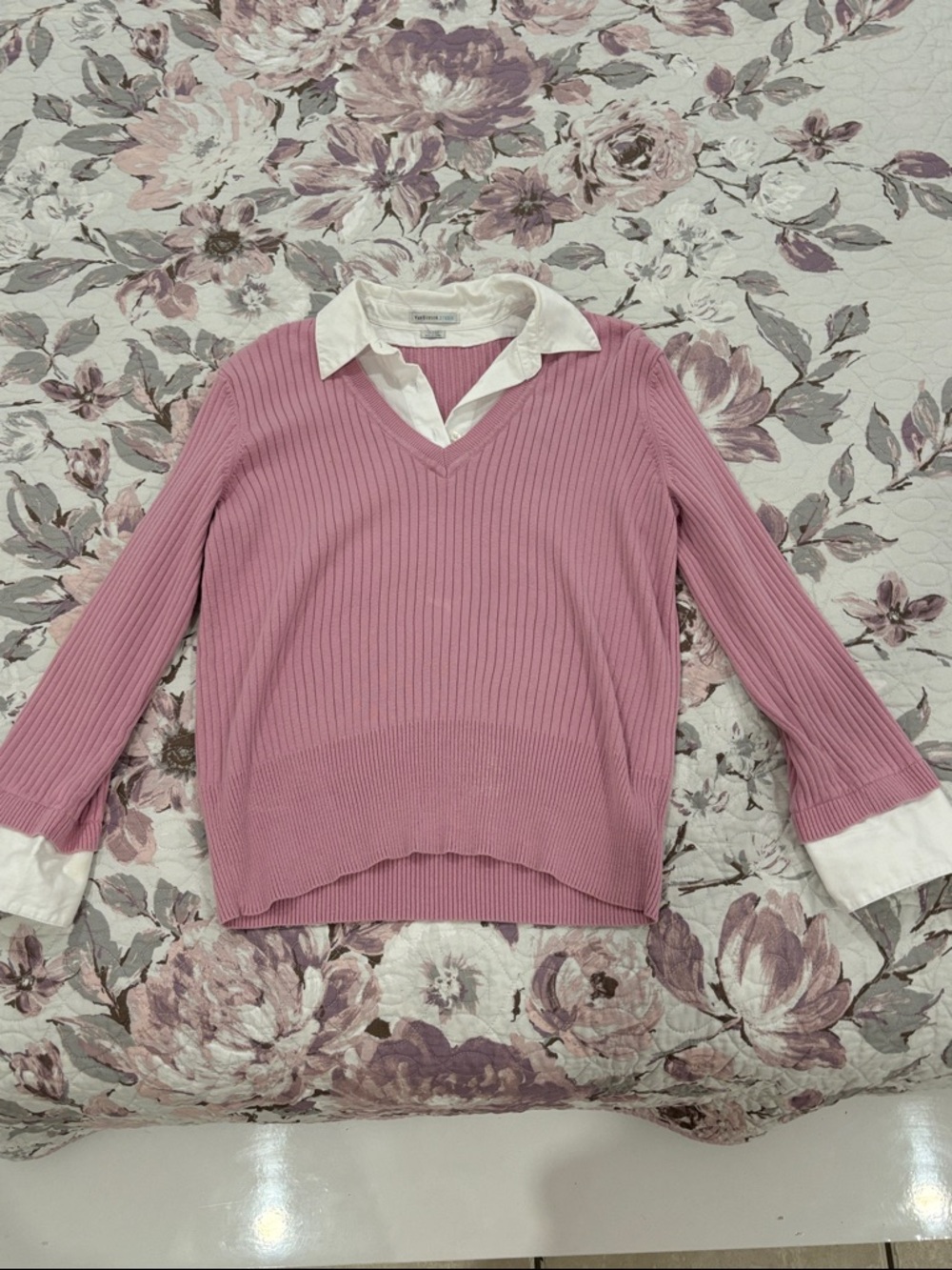 Pink Ribbed V-Neck Sweater